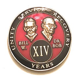 14 Year AA, Alcoholics Anonymous Bill & Bob Founders Red Medallion Chip, Token, Coin
