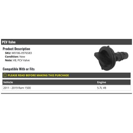 Marketplace Auto Parts PCV Valve - Compatible with 2011-2019 Ram 1500 5.7L V8