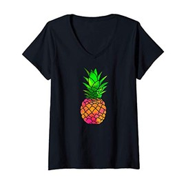 Womens Vintage Colorful Pineapple V-Neck T-Shirt
