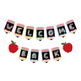 FAKTEEN 2 PCS Welcome Back Pencil Banner Back to School Decorations First Day of School Party Supplies Photo Booth Props School Office Classroom Decorations