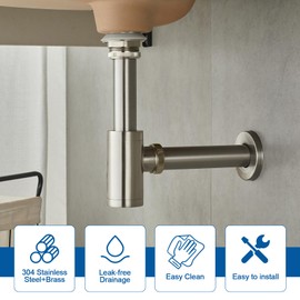 OUGOO Bathroom Sink P-Trap Complete Set, Adjustable 1-1/4 Bottle Trap, Brass Sink Waste Trap Drain Tube Kit, Brushed Nickel