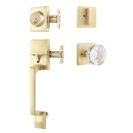 Leydebong Front Door Handles and Single Cylinder Deadbolt, Gold Door Lock Sets with Glass Knobs, Universal Entry Door Handles for Right/Left Handed Doors