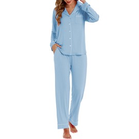 LUBOT Womens Bamboo Viscose Pajamas Set 2PC PJs Set for Women Buttery Soft Button-Down Two Piece Cozy Night Suit Sleepwear Loungewear (Baby Blue, 2XL)