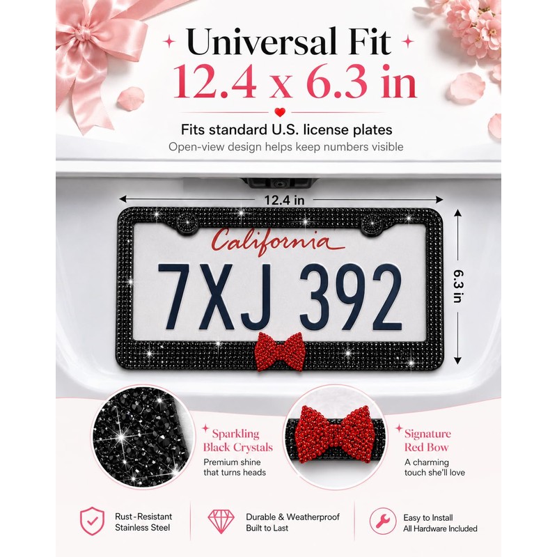 1 Pack Bling License Plate Frames for Women with Bow,