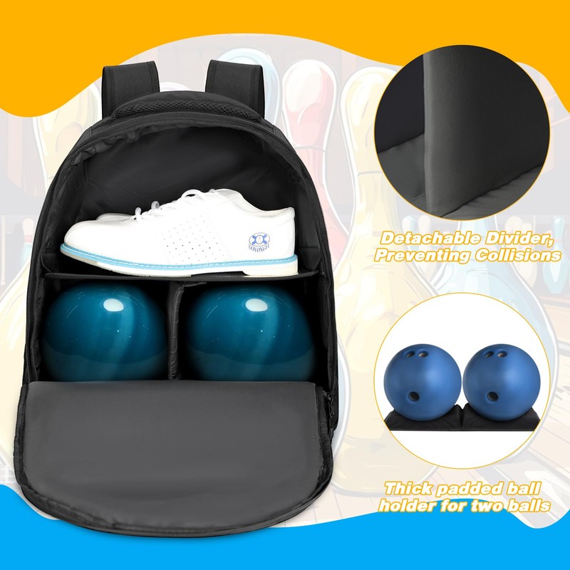 2 Ball Bowling Backpack,Bowling Ball Bag with Shoe Compartment &