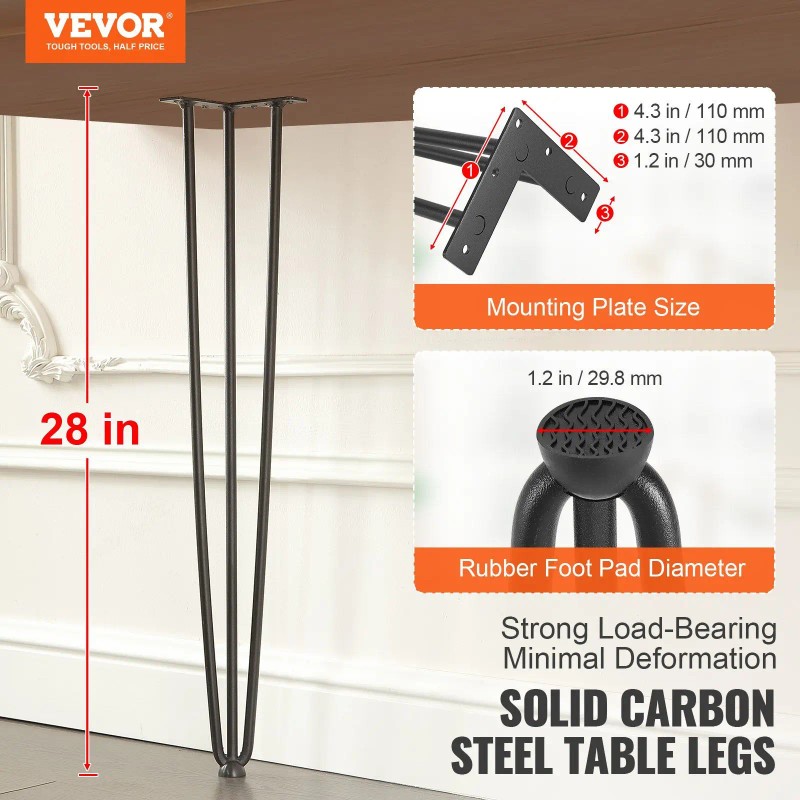 Solid Carbon Steel 28\" Set 4 Hairpin Table Legs Heavy
