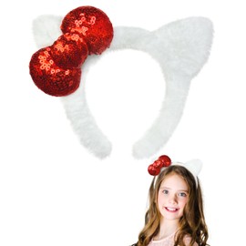 Kobataro Kitty Ears Headband Bow Birthday Party Gifts White Hair Accessories Cat Ear Kitten Costume Cosplay (White-Glitter Red)