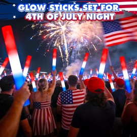 OLUPP 16Pcs July 4th Foam Glow Sticks, Red White Blue Patriotic LED Sticks with 3 Modes Flashing for Kid Adult, Glow in The Dark Party Favor Supplies for Independence Day Parade, Concert, Carnival