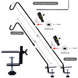 Juegoal Heavy Duty Deck Hook with 2 Inch Non Slip Clamp, 25 to 36 Inch Extended Reach Deck Hook, Adjustable Rail Pole Plant Bracket for Hanging Bird Feeder, Plants, Lanterns, Wind Chimes