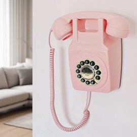 Vintage Wall Telephone, Corded Landline Wall Phone for Home, Retro Wall-Mounted Trimline Telephone, 1960s Single Line Old Fashioned Antique Analog Phones with Loud Ringer for Seniors (Pink)