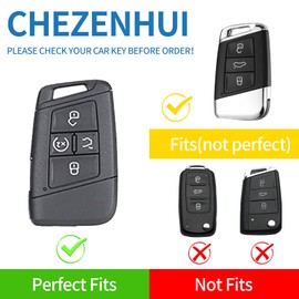 CHEZENHUI - Funda compatible con VW Volkswagen, con cordón de piel, funda para llave de coche, protección para Volkswagen Tiguan, Atlas Jetta, Passat, Golf Alltrack, control remoto inteligente, color azul