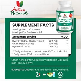 Collagen Type 2 Hydrolyzed Supplement with Chondroitin and Hyaluronic, for Healthy Hair, Skin, Nails, and Joints, No Fillers, Additives, and No Artificial Colors - 120 Vegetarian Capsules