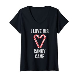 Womens I Love His Candy Cane Funny Christmas Peppermint Candies V-Neck T-Shirt