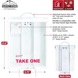 Outdoor Real Estate Brochure Box, Attached Yard Stake, Holds 250 8.5 x 11 Documents and 60 Business Cards, Flyer Literature Marketing Stand (1 Pack - White)