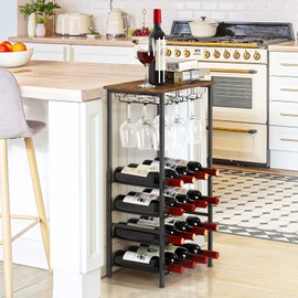 OYEAL Wine Rack Freestanding Floor, Rustic Wine Holder Stand with Wine Storage and Bottle Shelf, 16 Bottles Floor Wine Rack Shelf for Kitchen Dining Room, Office, Bar, Rustic Brown