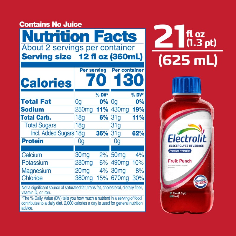 Electrolit, Electrolyte Beverage, Fruit Punch, 21 Fl Oz bottle (Pack