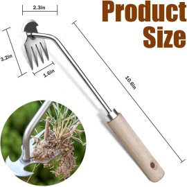 Unbranded  Weed Puller Tool, Uprooting Weeding Remover, 4-Claw Steel Head, Wood Handle 13"