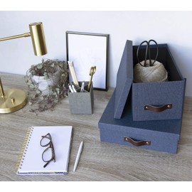 Bigso Silvia Organizational Storage Box | Photo Storage Box with Leather Handle for Shelves and Stacks Easily | Durable and Decorative Storage Boxes with Lids | 5.9″ x 6.5″ x 11.6″ | Blue