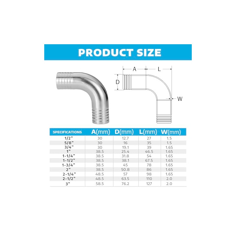 Yoebor Stainless Steel 304 Sanitary Hose Barb 90 Degree Elbow