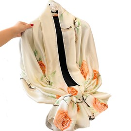 Silk Scarf Women Chiffon Shawl Lotus Scarf Neckerchief Long Head Wrap Thin Scarf Beach Women Hijab Belt Vintage Bridal Shawl Binder Chiffon Scarf Colorful Cloth White Green180*90CM (White-rose)