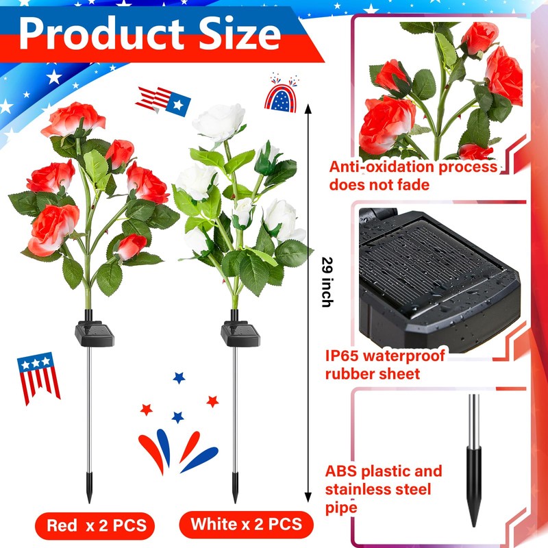 Woanger 4 Pcs Solar Flowers Cemetery Grave Decorations Outdoor LED