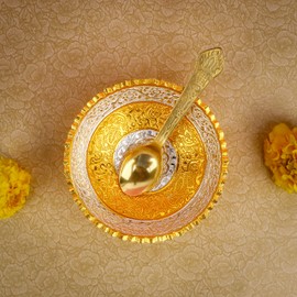 SATVIK 1 Set Designer Gold Silver Plated Lotus Flower Dessert Dry Fruits Embossed Serving Bowl With Spoon Set Festive Diwali Pujan Decortive Bhog Bowl Christmas Housewarming Wedding Return Gift Items