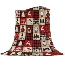 Merry Christmas Red Plaid Blanket Super Soft Flannel Fleece Throw Blankets Elk Santa Snowman Xmas Tree Plaid Blanket Lightweight Cozy Warm Fuzzy Plush Microfiber Blankets for Couch Bed Sofa 40x60inch