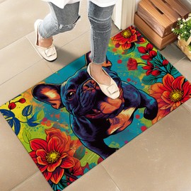 amepay French Bulldog Indoor Door Mat – Stylish 17x29.5in Non-Woven Fabric Floor Doormat with Colorful Floral Dog Design,Frenchie Doormats,for Porch Insider,Bedroom,Living Room – Decor Rug Gifts