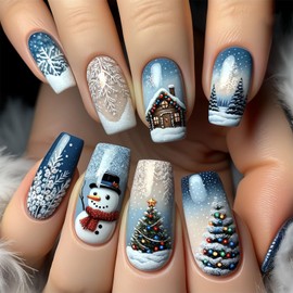 Christmas Press on Nails Medium Coffin Fake Nails Xmas Tree False Nails With Snowman Designs Glossy Full Cover Stick on Nails Acrylic Winter Snowflake Nails for Women Glue on Nails 24 Pcs