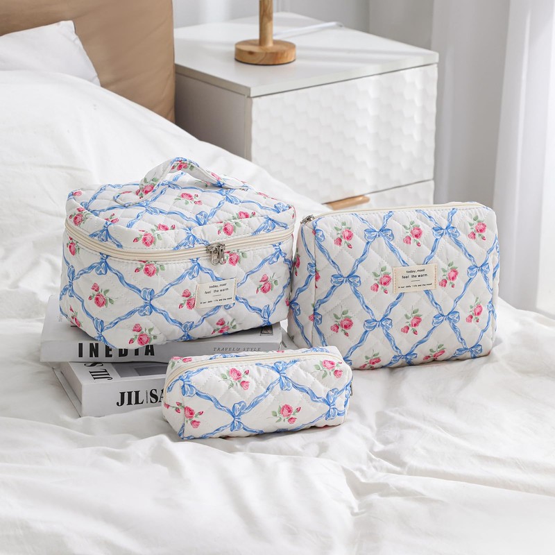 uekeboag 3Pcs Quilted Cotton Makeup Bag,Coquette Quilted Toiletry Bag for