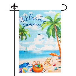 Summer Garden Flag, Welcome Summer Yard Flag 12x18 Inch Double Sided Beach Coconut Tree Summer Garden Flags for Outside Holiday Outdoor House Seasonal Porch Yard Home Decoration