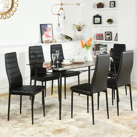 FurnitureR Dining Chairs High Back Set of 6, Armless PU Leather Upholstered Side Chairs with Metal Frame, Ergonomic Padded Seat for Kitchen, Dining Room, Space-Saving, Black