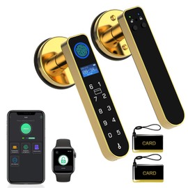 Fingerprint Keyless Entry Bedroom Door Lock with Code RFID Card NFC APP Keypad, Smart Biometric Automatic Interior Door Handle with Lock for Indoor Hotel Pantry Apartment Office Home, Gold