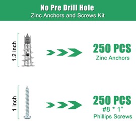 500PCS Zinc Self-Drilling Drywall Anchors with Screws Kit, 250pcs Heavy Duty Metal Wall Anchors and 250pcs #8 x 1'' Screws