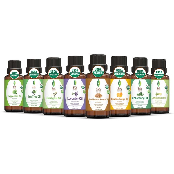 SVA ORGANICS Essential oils gift set (8 pack) Organic USDA 100% Pure & Natural Therapeutic Grade Peppermint, Lavender, Eucalyptus, Tea Tree, Lemongrass, Rosemary, Frankincense, Brazilian Orange, 10 ml
