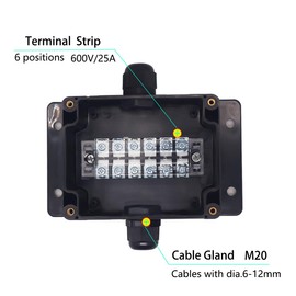 YETLEBOX Watertight Junction Box, IP67 Waterproof Electrical Project Box with 6P 25A Barrier Terminals,2 in/2 Out Cable Glands Electronic Enclosure 4.53" x 3.54" x 2.17"