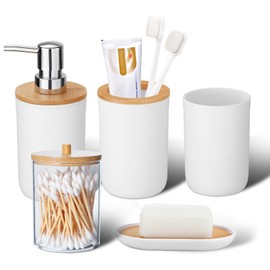 iMucci Bathroom Accessories Set 5 Piece Plastic Bathroom Decor Sets Accessories, Toothbrush Holder, Toothbrush Cup, soap Dispenser, soap Dish(White Bamboo Cover)