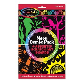 Neon Combo Pack: 4 Assorted Scratch Art Boards [With 4 Scratch Art Boards, Wooden Stylus, Instructions and Stencils]