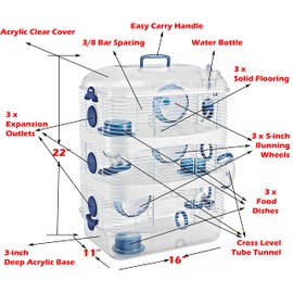 Acrylic 3-Solid Floor Levels Habitat Hamster Rodent Gerbil Mouse Mice Cage Clear Transparent