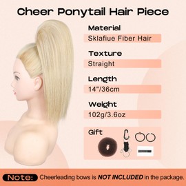 SEIKEA Cheer Ponytail Hair Piece, 14" Straight Cheerleader Hairpiece Ponytail Extension for Cheer Competitions, Dance, Costume, Dress up, Soft Natural Look for Girls Teens Champagne Blonde