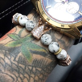 SEVENSTONE 8mm Crown King Charm Bracelet for Men Women Black Matte Onyx Stone Beads, 7.5" (Gray)