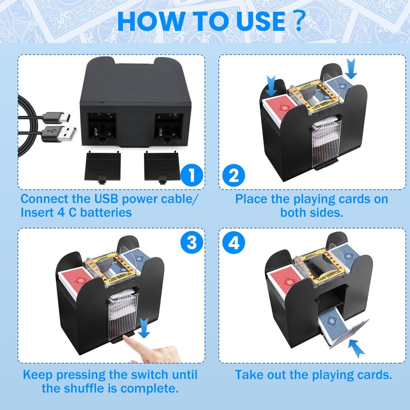 Lineba Card Shuffler for 1-6 Decks Cards, USB Power/Battery Operated