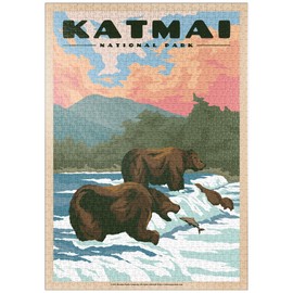 MyPuzzle Katmai National Park - Fishing Bears At Brooks Falls, Vintage Travel Poster - Premium 1000 Piece Puzzle - MyPuzzle Special Collection by Havana Puzzle Company
