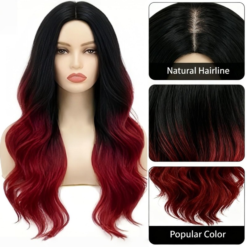 Daiaces Long Red and Black Curly Wig for Women Ombre