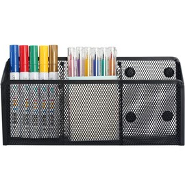 Magnetic Pencil Holder - Extra Strong Magnets Mesh Marker Holder Perfect for Whiteboard, Refrigerator and Locker Accessories (3 Baskets, 1 Pack Black)