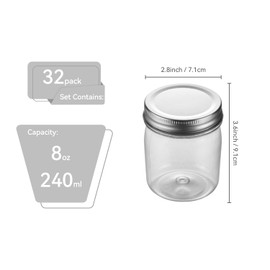Party Club of America 32 Pack 8OZ Sliver Plastic Jars With Screw On Lids，Plastic Mason Jars Food Storage Container For Storing Dry Food, Candy, Cream,Peanut, Butter