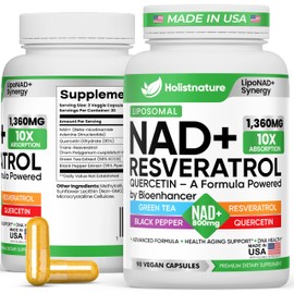 NAD+ Supplement, 1,360mg Max Strength Liposomal | Resveratrol, Quercetin, Green Tea | Cellular Energy & Healthy Aging for Men & Women | 800mg of 100% High Purity NAD+ for Energy, Focus - 90 Capsules