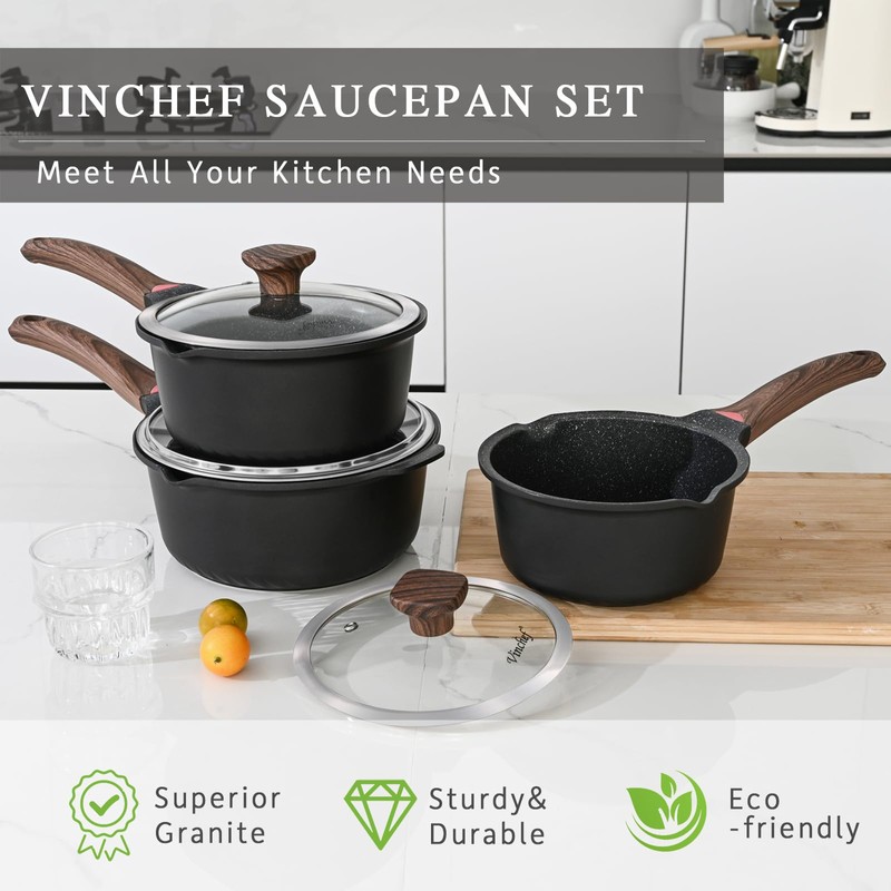 VINCHEF Sauce Pan Set with Lid 10PCS, 2QT+3QT+4QT Non Stick