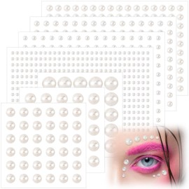 OIIKI 7 Sheets Pearl Stickers for Crafts, Face Gems Stick on, White Pearl Stickers for Hair, Makeup, Face, Crafts for Festivals, Parties, Daily Use for Women - 3/4 /5/6 /8/10 /12 mm