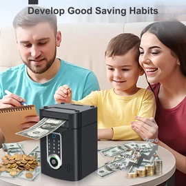 Fimeetoy Fingerprint Money Box for Kids, Touchscreen Piggy Bank Toys for 3+ Year Old Boys Gift Ideas, Electronic Money Saving Box for Girls, Birthday Gifts for Boys ATM Machine for Kids（Black）